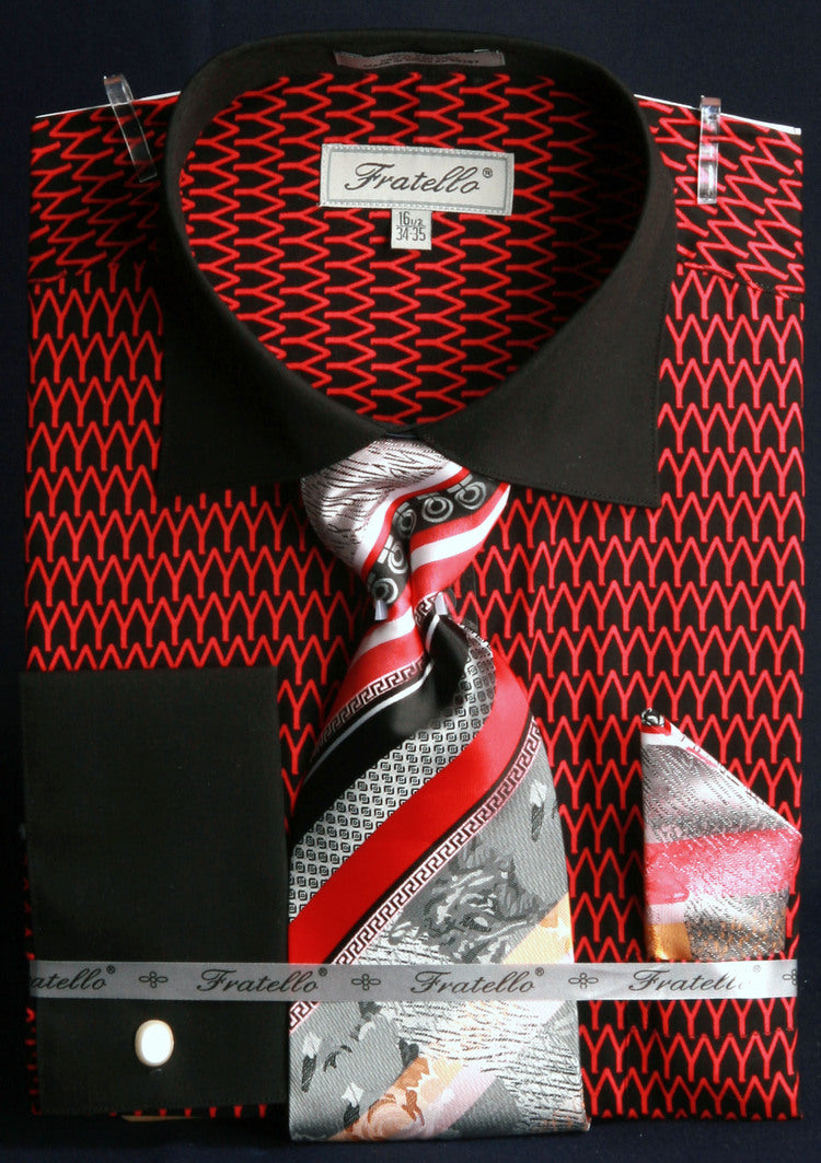 "Arch Pattern Men's French Cuff Shirt & Tie Combo - Spread Collar, Black & Red" - 15Â½ 33/34