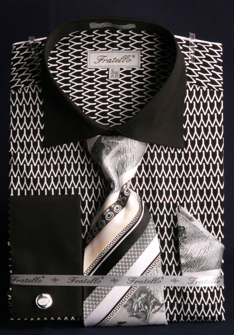"Men's Black & White Arch Pattern French Cuff Shirt & Tie Combo" - 15Â½ 33/34