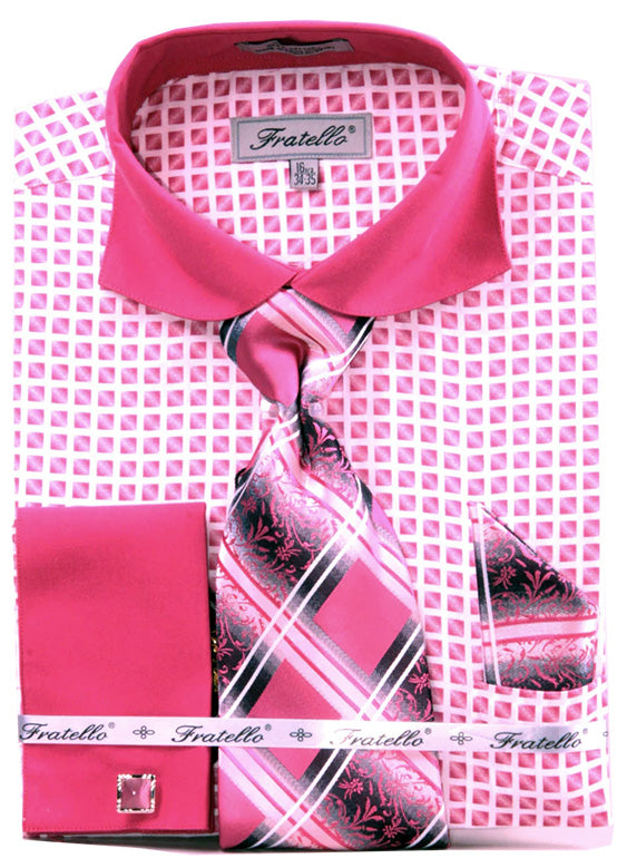 "Fuchsia Check Men's French Cuff Shirt & Tie Set with Rounded Wide Spread Collar"