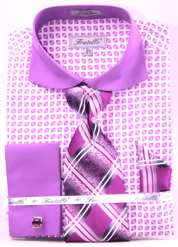 Lilac Check Men's French Cuff Shirt & Tie Set - Wide Spread Contrast Collar - 15Â½ 33/34