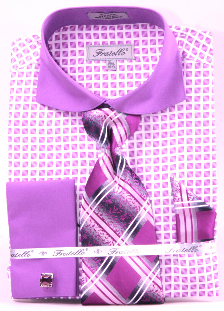 Lilac Check Men's French Cuff Shirt & Tie Set - Wide Spread Contrast Collar