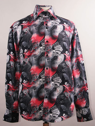 "Men's Regular Fit Sports Shirt - Fancy Japanese Wave Pattern, Black & Red" - M