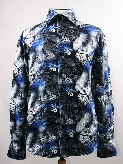 "Men's Regular Fit Sports Shirt - Fancy Japanese Wave Pattern, Black & Royal Blue" - M