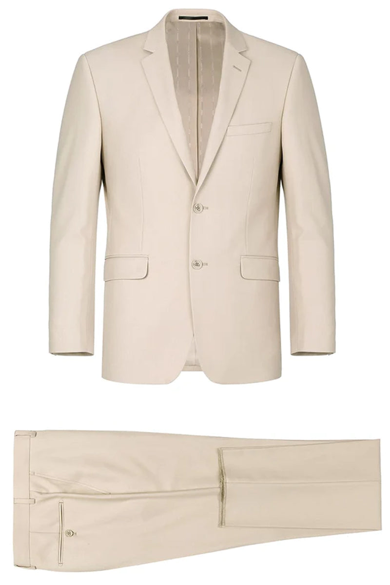 "Classic Fit Two Button Men's Suit with Vest in Light Tan Beige"