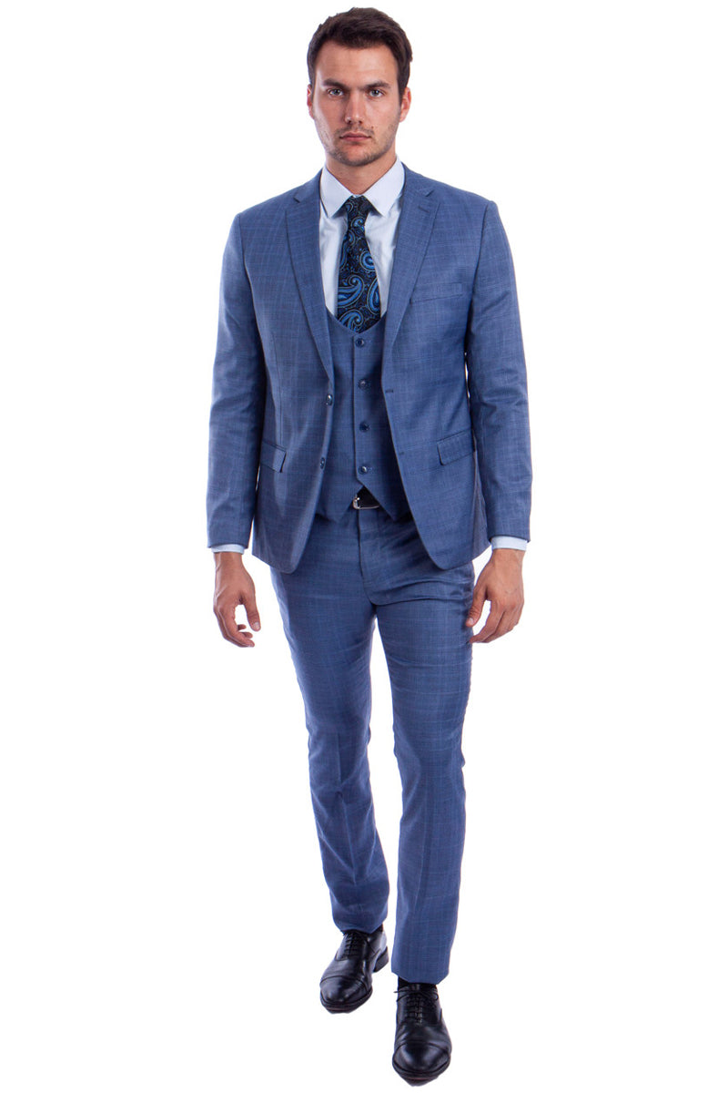 "Blue Plaid Men's Skinny Fit Suit with Two-Button Vest - Low Cut" - 34 Short