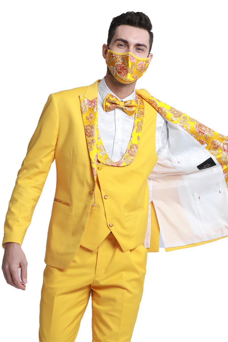 "Yellow Gold Floral Lapel Men's Tuxedo - One Button Vested for Prom & Wedding"