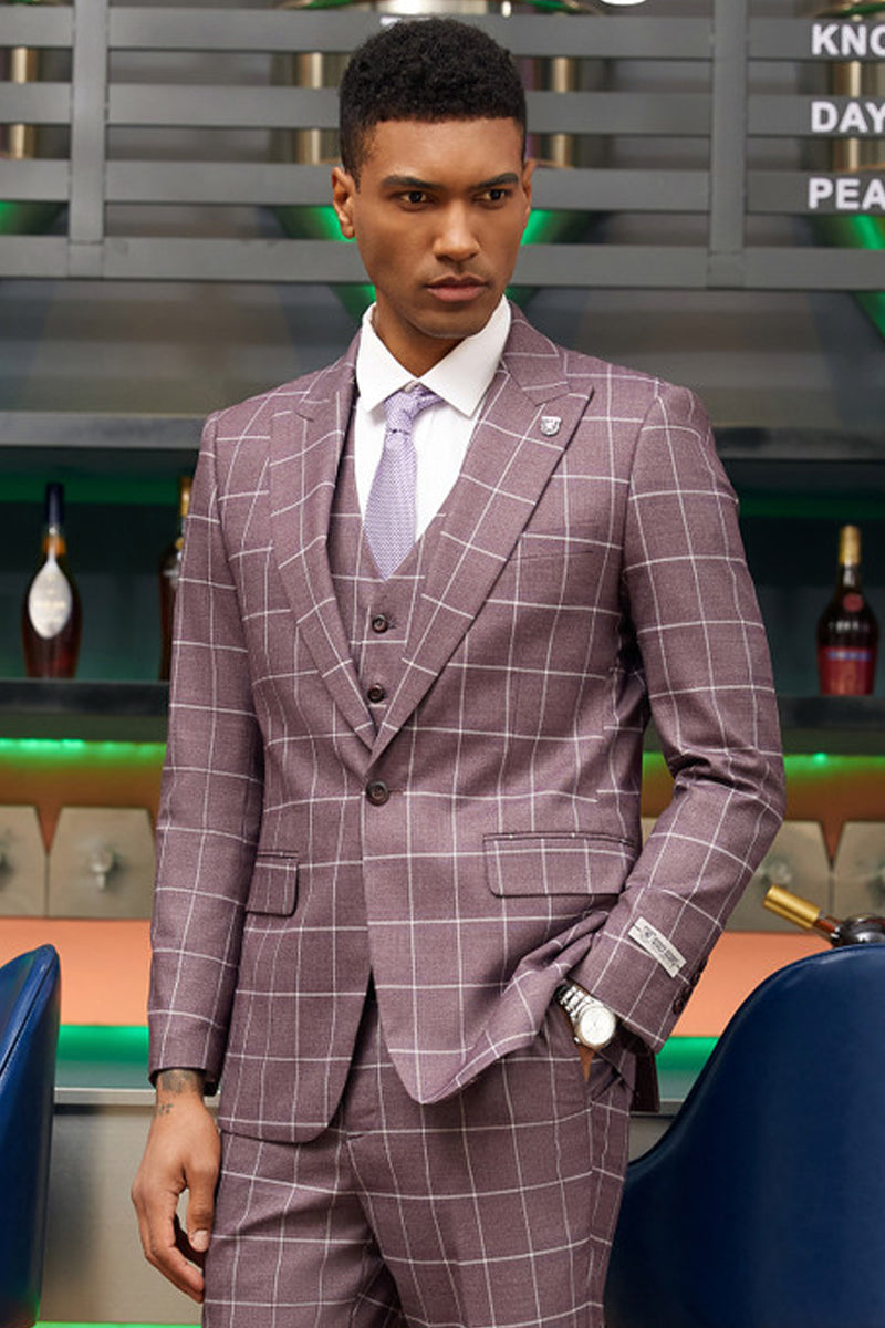 "Stacy Adams Men's Modern Fit Suit - One Button Vested in Lavender Plaid"