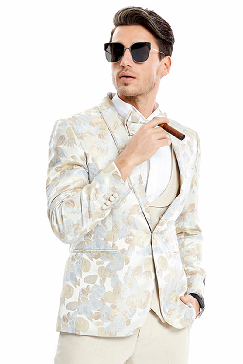 "Men's Floral Print Wedding Tuxedo Suit - One Button Vested, Tan"