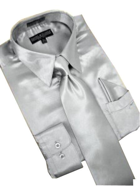 Fashion Cheap Priced Sale Satin Silver Grey Dress Shirt Combinations Tie Hanky Set Men's Dress Shirt - 21.5"Neck /37-38"Sleeve