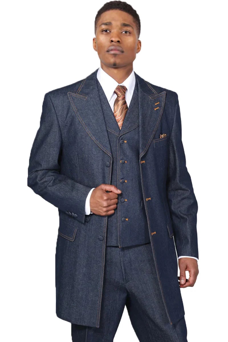 Mens Blue Denim Zoot Suit â€“ Long Vested Vintage Jeans Style - 34 Short or Extra Small