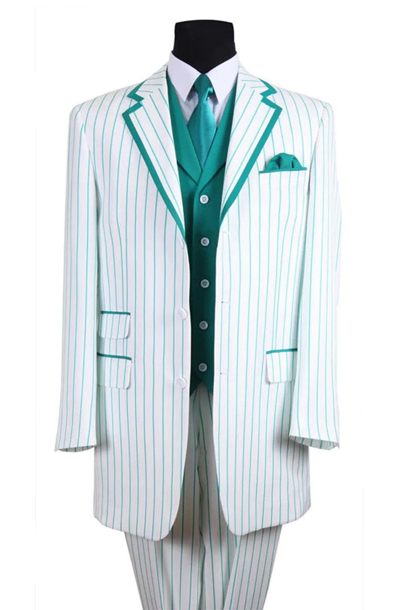 Mens Vested Contrast Stripe Fashion Suit in White/Turquoise