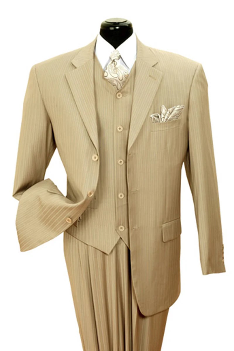 Mens Vested Wide Tonal Stripe Suit in Tan - 38 Short Jacket+32 Waist Adjustable 28to34)(Height: 5 4 to5 7 )(Neck  15-16.5)S-M)