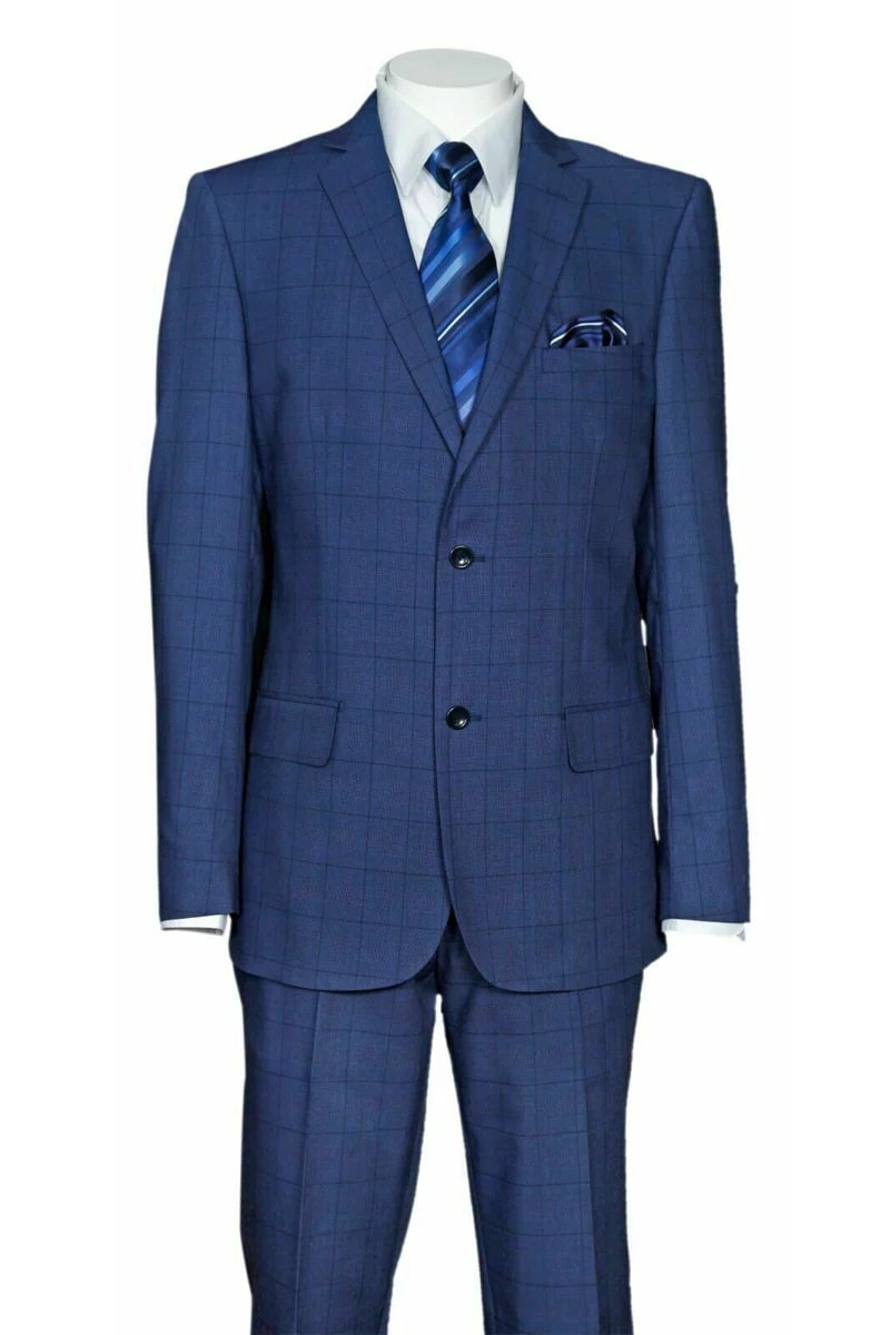Mens 2 Button Modern Fit Plaid Suit in Navy - 38 Short Jacket+32 Waist Adjustable 28to34)(Height: 5 4 to5 7 )(Neck  15-16.5)S-M)