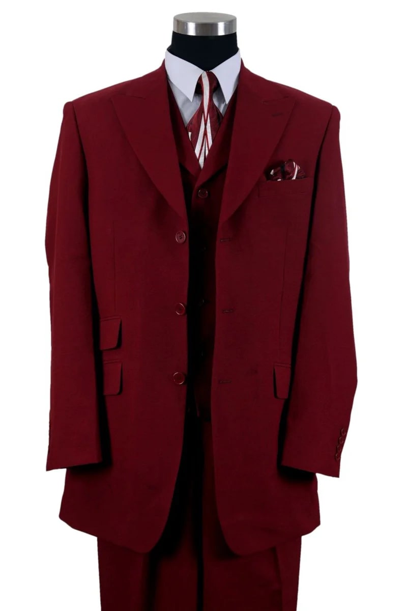 Mens 3 Button Vested Wide Peak Lapel Suit with Semi-Wide Pants in Burgundy - 38 Short Jacket+32 Waist Adjustable 28to34)(Height: 5 4 to5 7 )(Neck  15-16.5)S-M)