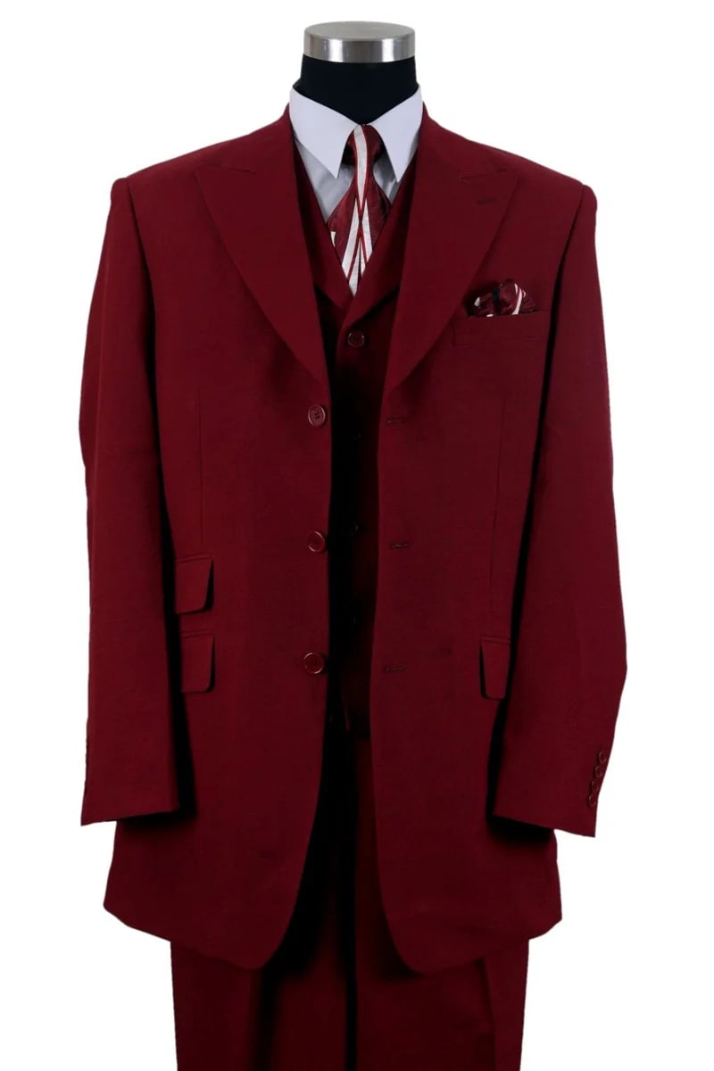 Mens 3 Button Vested Wide Peak Lapel Suit with Semi-Wide Pants in Burgundy