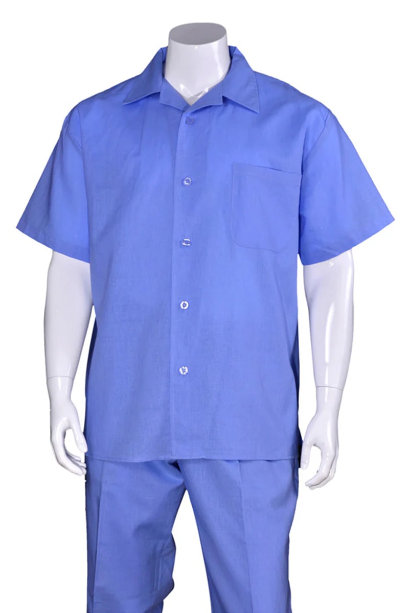Mens Short Sleeve 100% Linen Casual Leisure Set Walking Suit in Blue - S