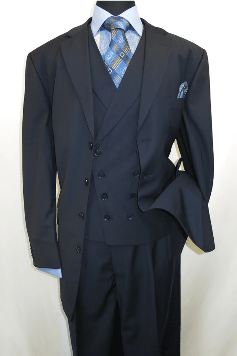 Mens 4 Button Double Breasted Vest Suit in Navy - 38 Short Jacket+32 Waist Adjustable 28to34)(Height: 5 4 to5 7 )(Neck  15-16.5)S-M)