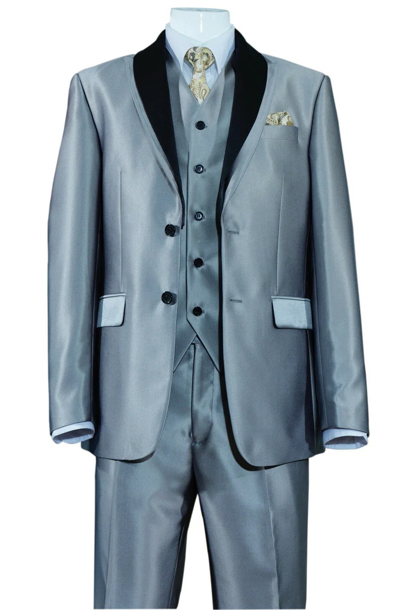 Mens 2 Button Vested Contrast Peak Lapel Sharkskin Tuxedo Suit in Silver