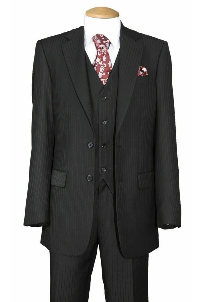 Mens 2 Button Vested Peak Lapel Shiny Sharkskin Suit in Black