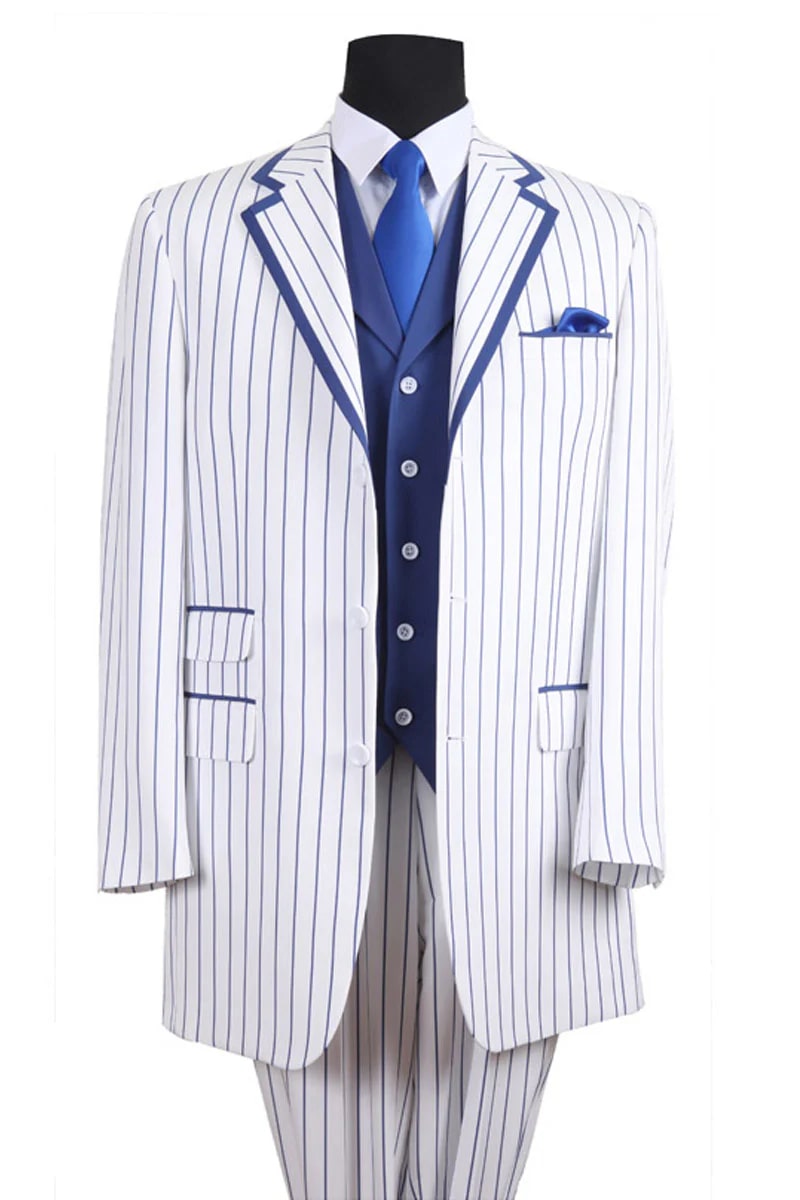 Mens Vested Contrast Stripe Fashion Suit in White/Blue - 38 Short Jacket+32 Waist Adjustable 28to34)(Height: 5 4 to5 7 )(Neck  15-16.5)S-M)