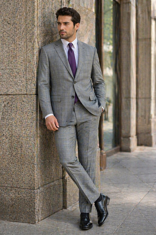 Mens 2 Button Peak Lapel Modern Plaid Suit in Grey