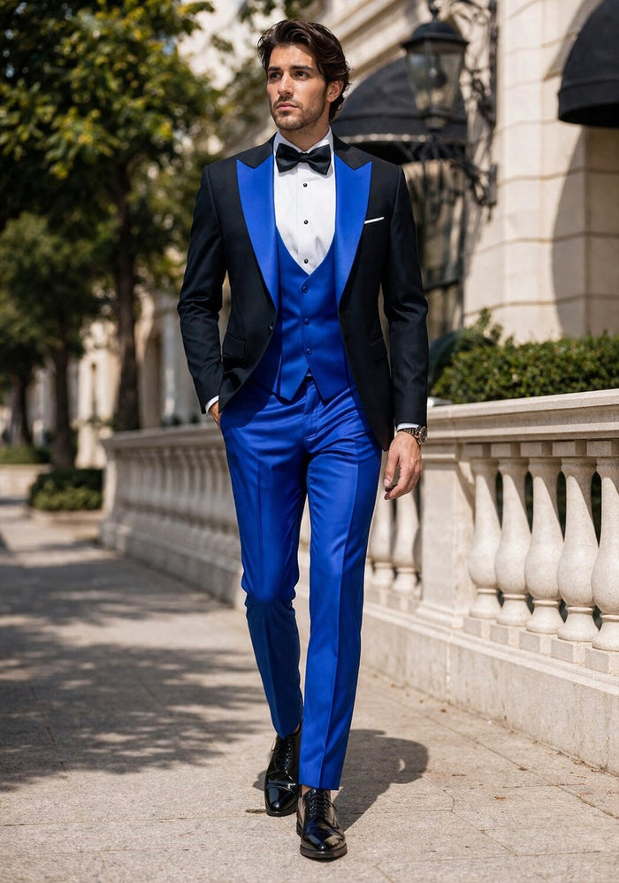 Statement Fashion Tuxedo Suit Mens Royal Two Tone 3 Piece