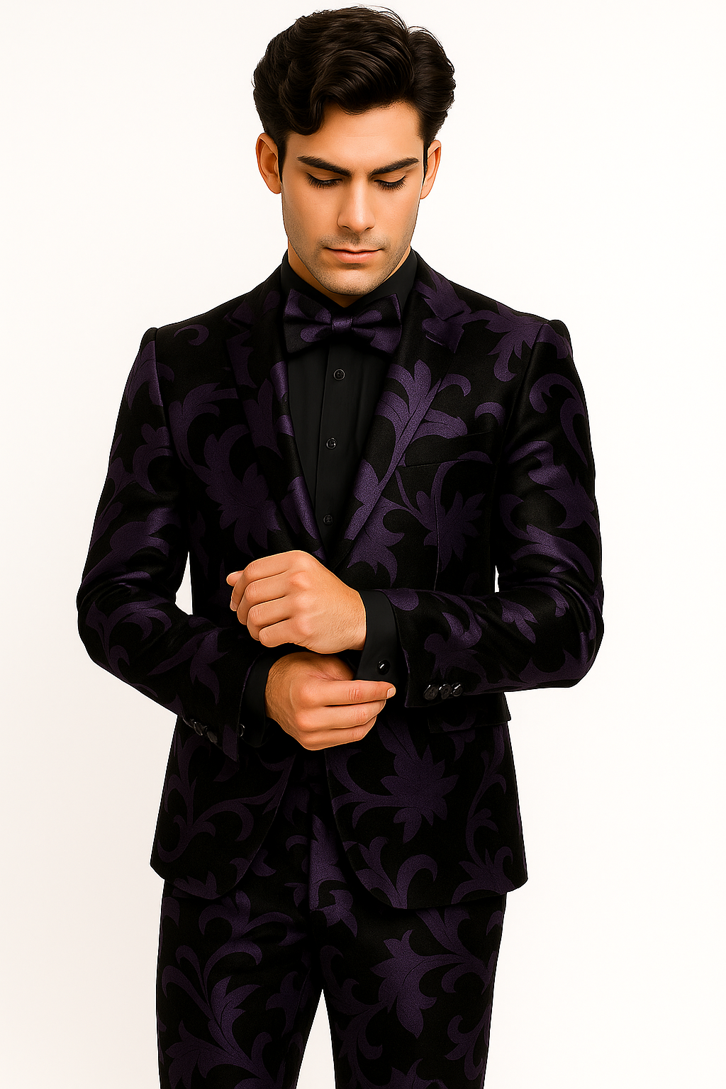 Mardi Gras Suit - Purple and Black Paisley Tuxedo Dinner Jacket + Matching Pants - Slim Fitted - 34 Short or Extra Small