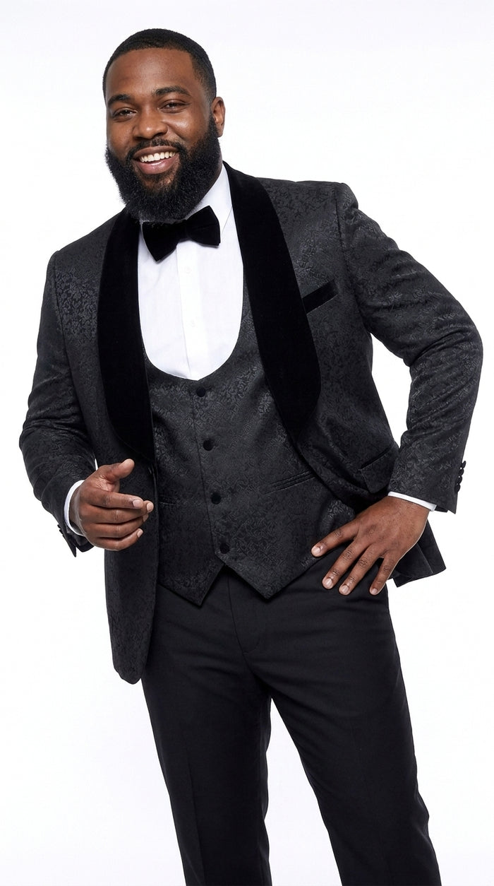 Rossi Man RM1446 Men’s Black 3 Piece Smoking Style Tuxedo Suit, Formal Wedding Prom Dinner Suit