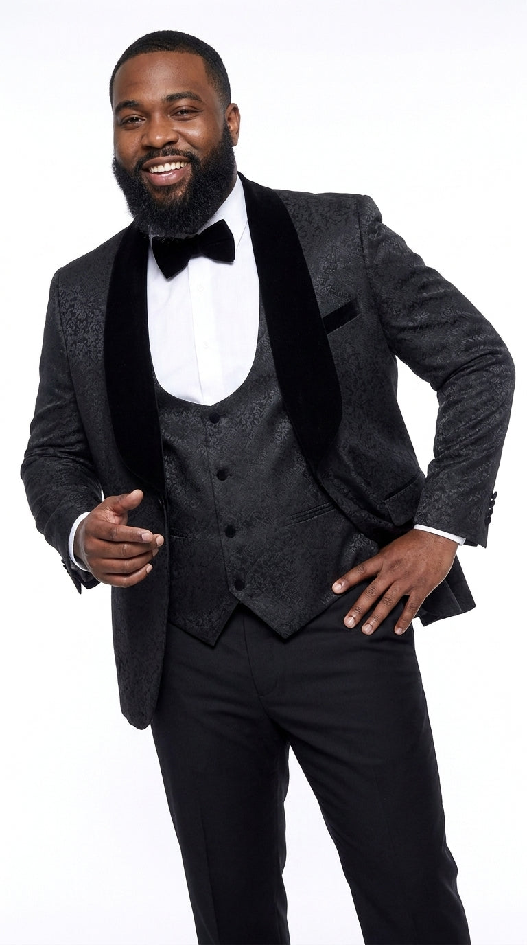 Rossi Man RM1446 Men’s Black 3 Piece Smoking Style Tuxedo Suit, Formal Wedding Prom Dinner Suit