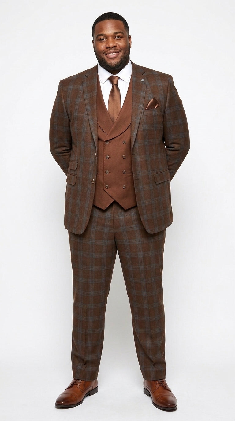 Men’s Copper Plaid Modern Fit Wool Suit, 3 Piece Formal Suit with Double Breasted Vest