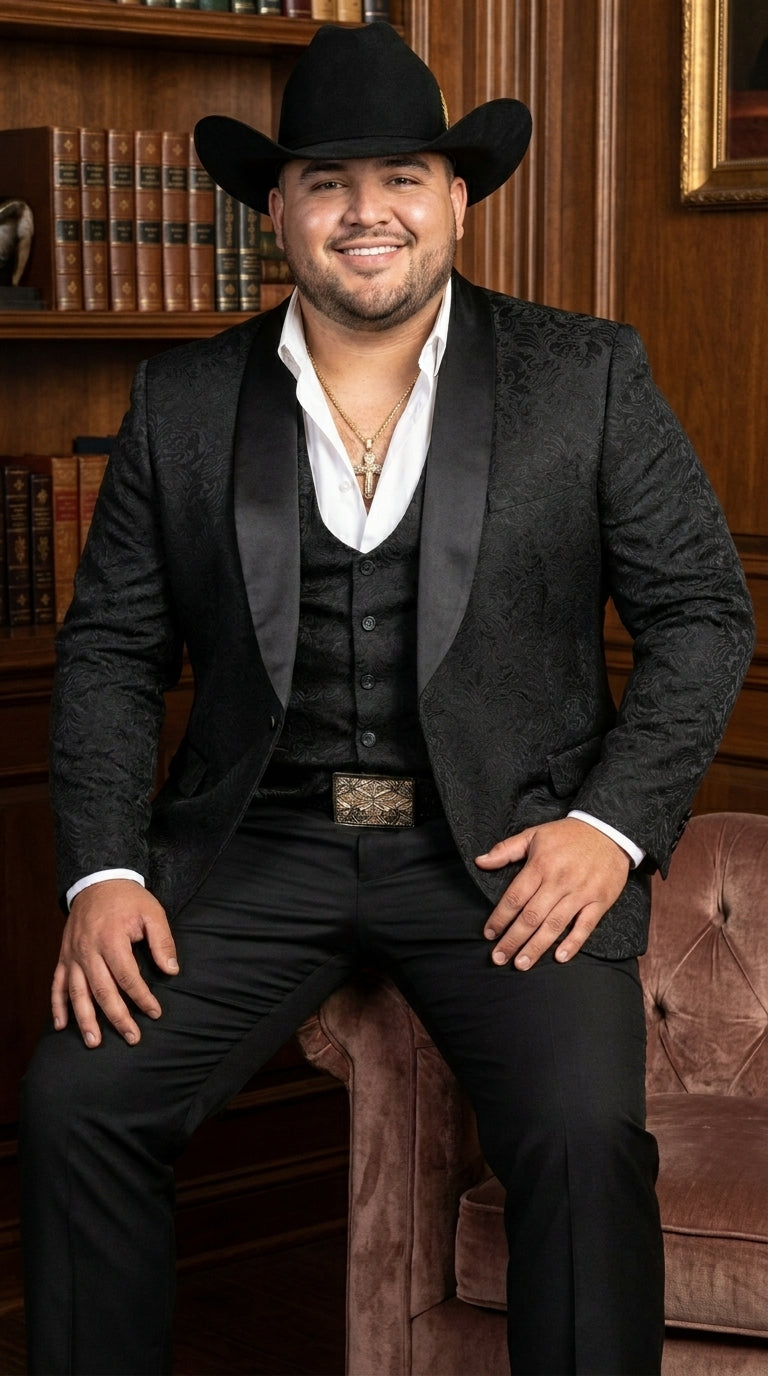 Men’s Black Paisley Jacquard Western Formal Blazer with Satin Shawl Lapel, Designer Jacket