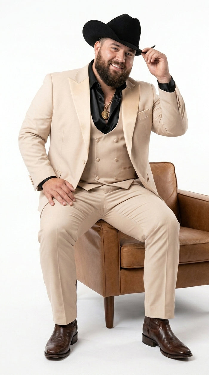Mens Light Beige Western 3-Piece Suit – Cowboy Tuxedo with Shawl Lapel