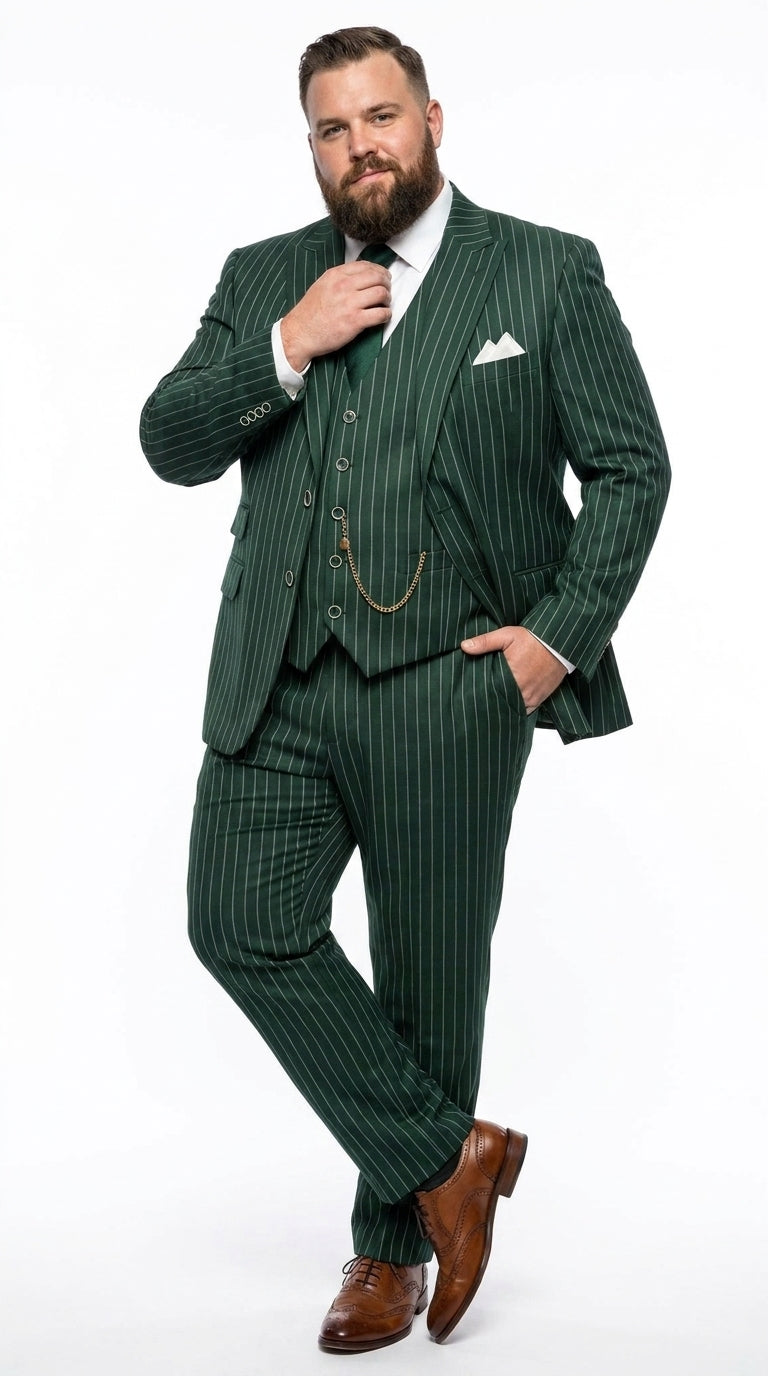 Men’s Hunter Green Pinstripe 1920s Gangster 3 Piece Suit, Great Gatsby Formal Outfit for Weddings, Prom, Parties, and Theme Events