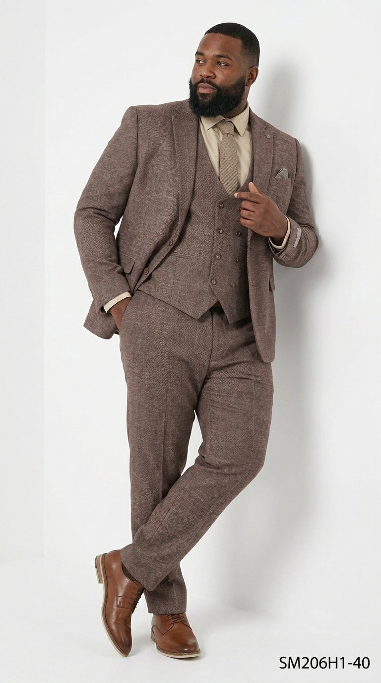 Stacy Adams Men’s Brown Textured Windowpane 3 Piece Hybrid Fit Suit, Black and Orange Check Formal Dress Suit for Weddings, Prom, Business Events, and Parties