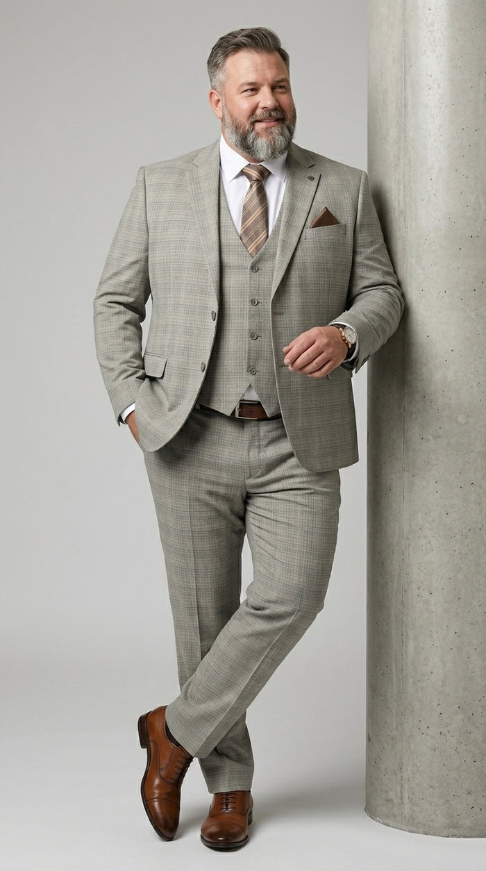 Men’s Khaki Glen Plaid Stacy Adams 3 Piece Suit, Two Button Peak Lapel Formal Wedding Suit Set