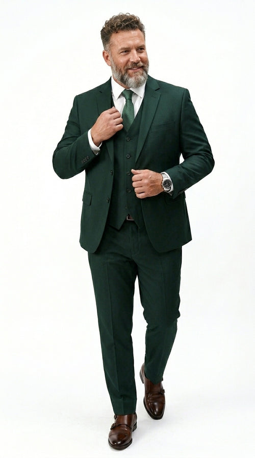 Men’s Hunter Green Vested Suit, Statement Formal Wedding Prom 3 Piece Suit Set