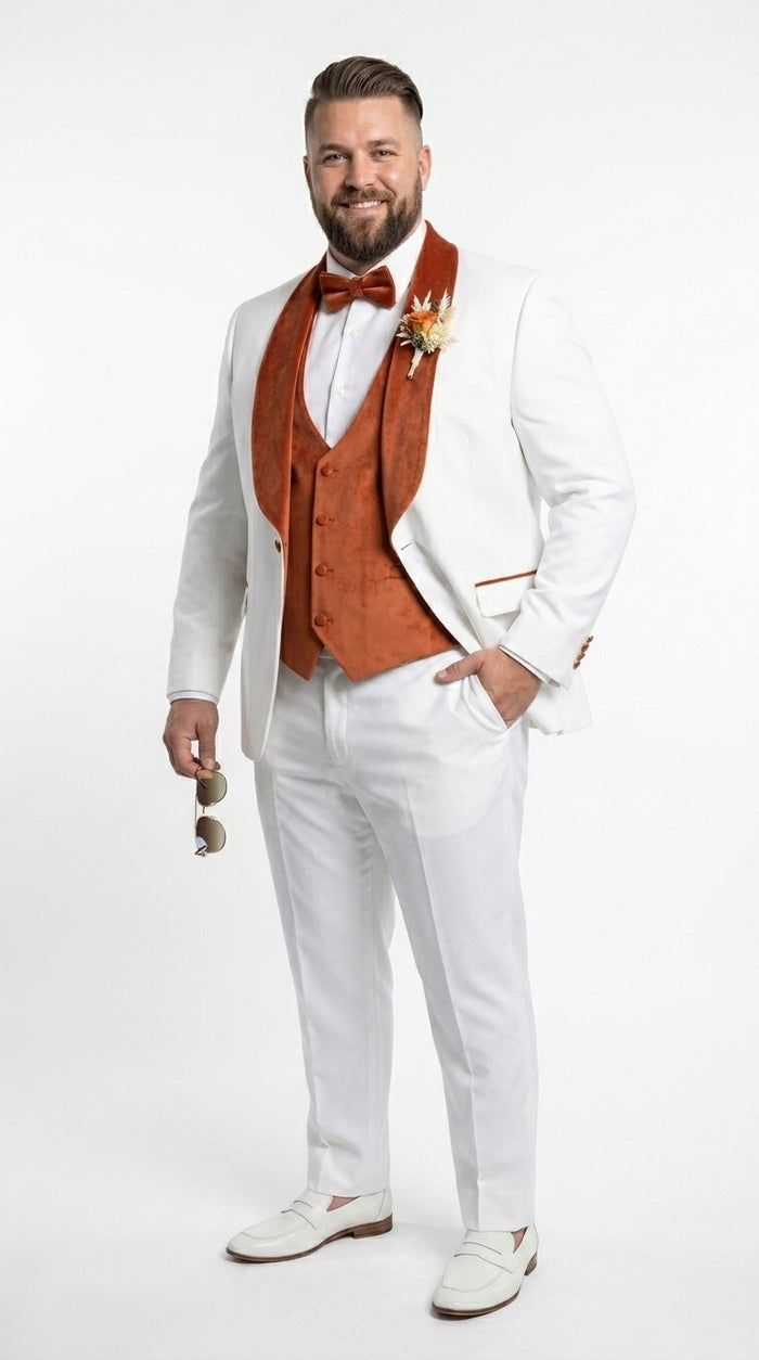 Men’s Cream Wedding Suit with Orange Contrast Shawl Lapel, Vested Groom Formal Suit Set