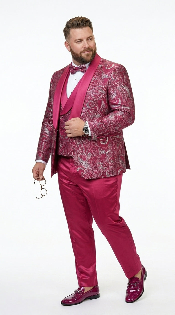 Statement Men’s Red Patterned Vested Tuxedo with Bowtie, Paisley Formal Wedding Prom Suit Set