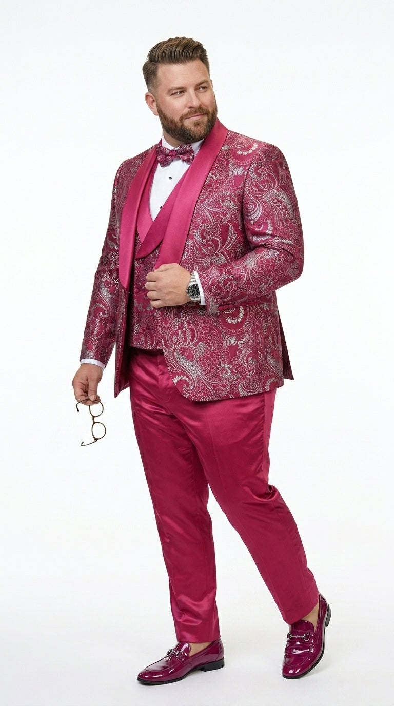 Statement Men’s Red Patterned Vested Tuxedo with Bowtie, Paisley Formal Wedding Prom Suit Set