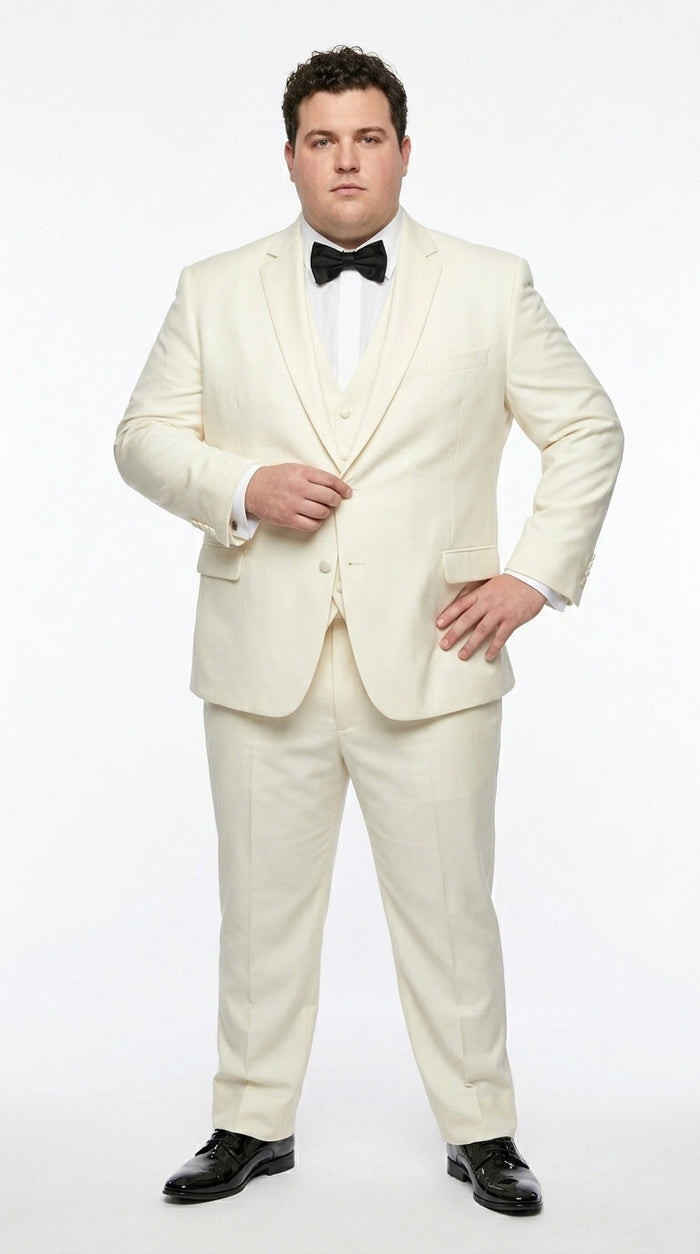 Statement Men’s Off White 100% Wool Vested Tuxedo with White Lapel, Wedding Prom Formal Suit Set