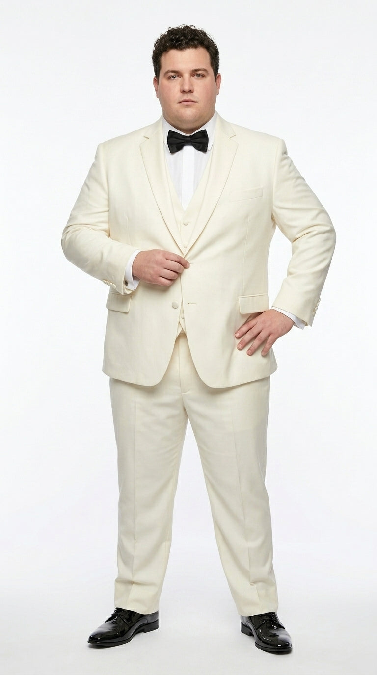 Statement Men’s Off White 100% Wool Vested Tuxedo with White Lapel, Wedding Prom Formal Suit Set