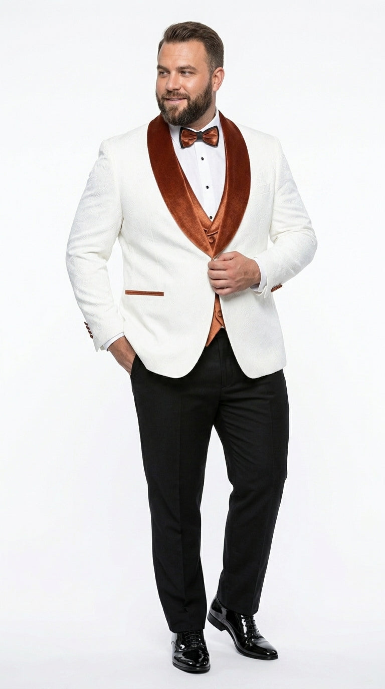Men’s White Paisley Tuxedo with Burnt Orange Velvet Shawl Lapel, Formal Wedding Prom Dinner Suit - Orange and White