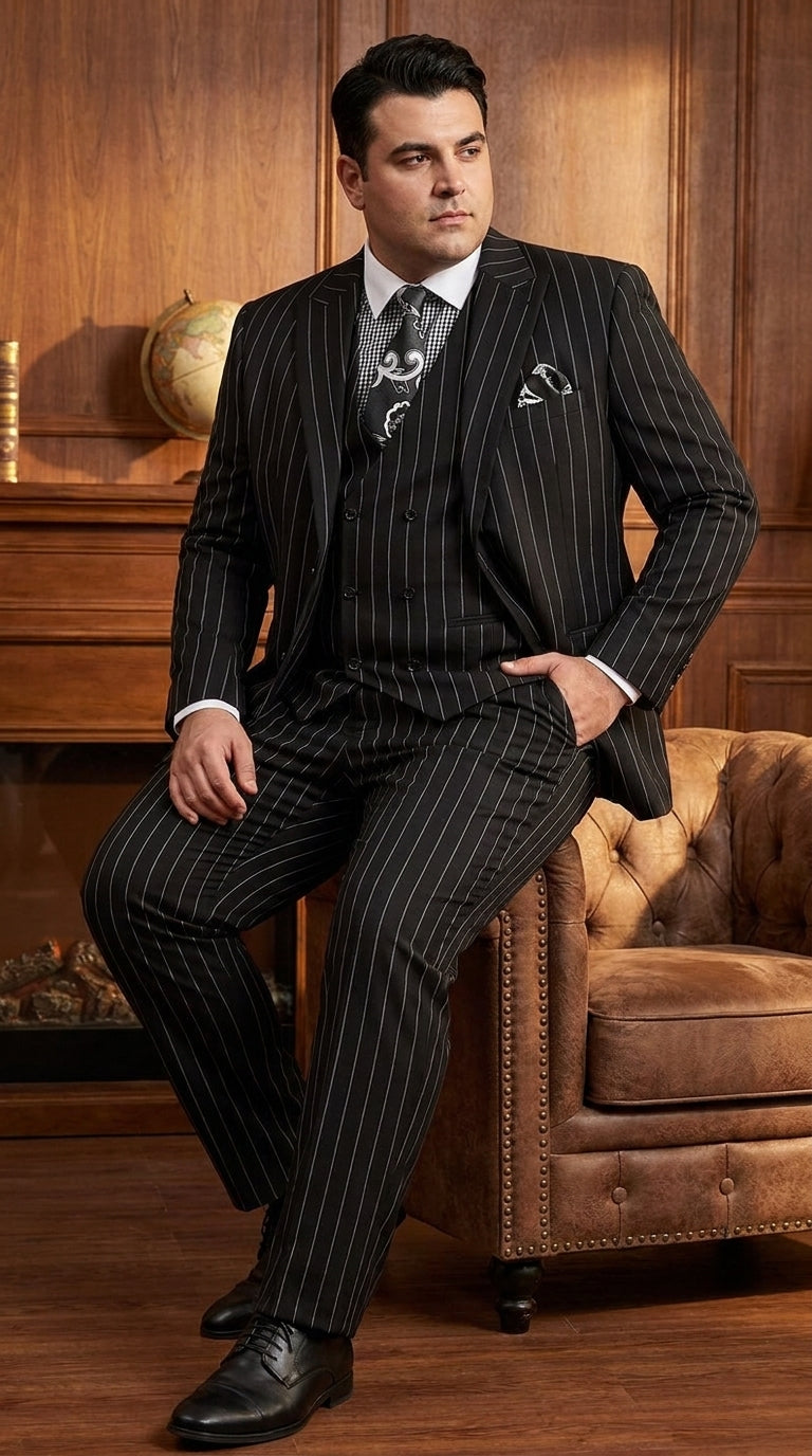 Royal Diamond Men’s Black Pinstripe 3-Piece Suit – Classic Wedding, Business and Formal Suit with Vest - 38 Short Jacket+32 Waist Adjustable 28to34)(Height: 5 4 to5 7 )(Neck  15-16.5)S-M)