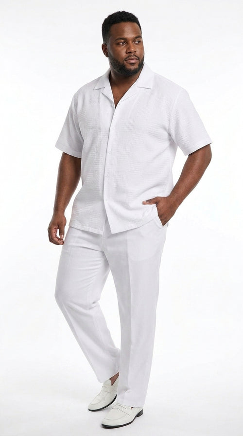 Men’s White Walking Suit, Casual Short Sleeve Shirt and Pants Summer Set