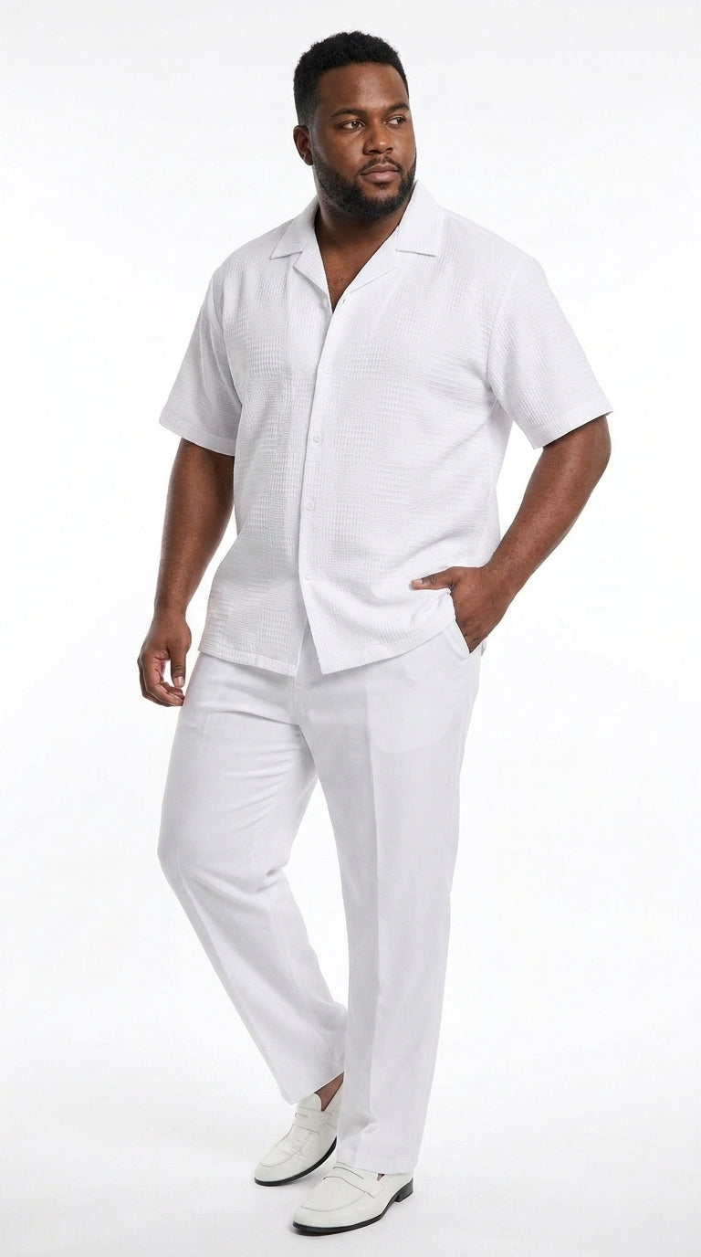 Men’s White Walking Suit, Casual Short Sleeve Shirt and Pants Summer Set