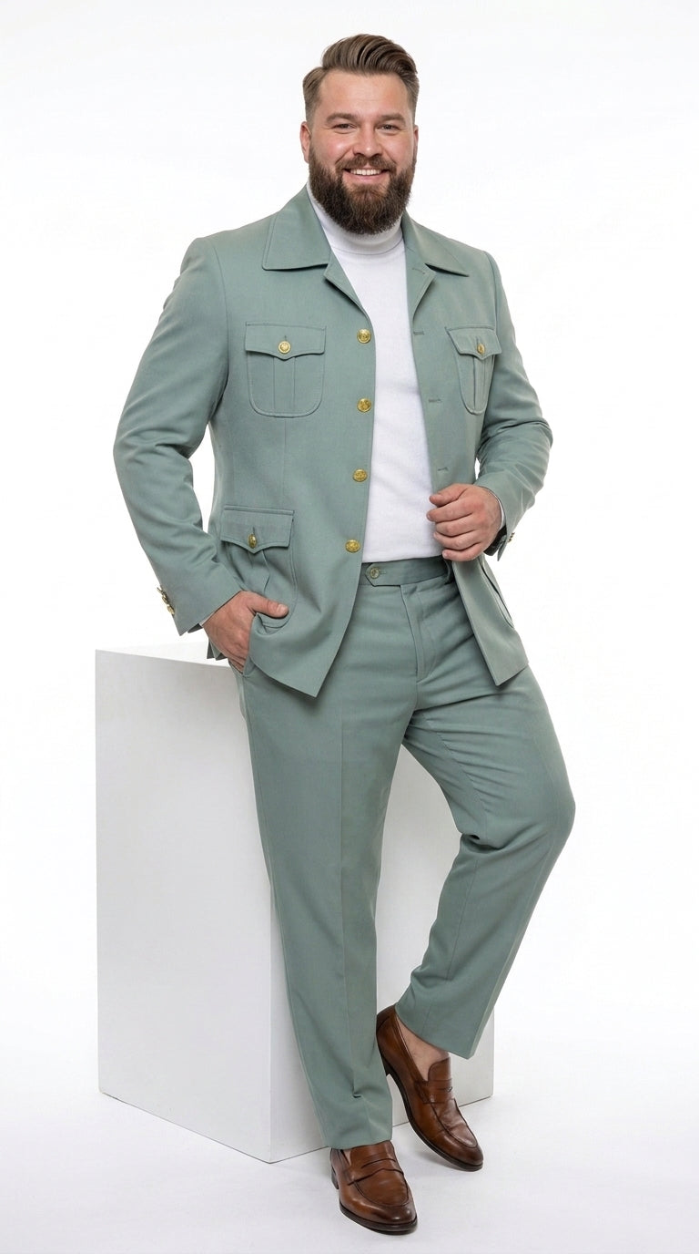 Men’s Olive Green Safari Suit Set, Utility Jacket and Adjustable Waist Pants Casual Outfit