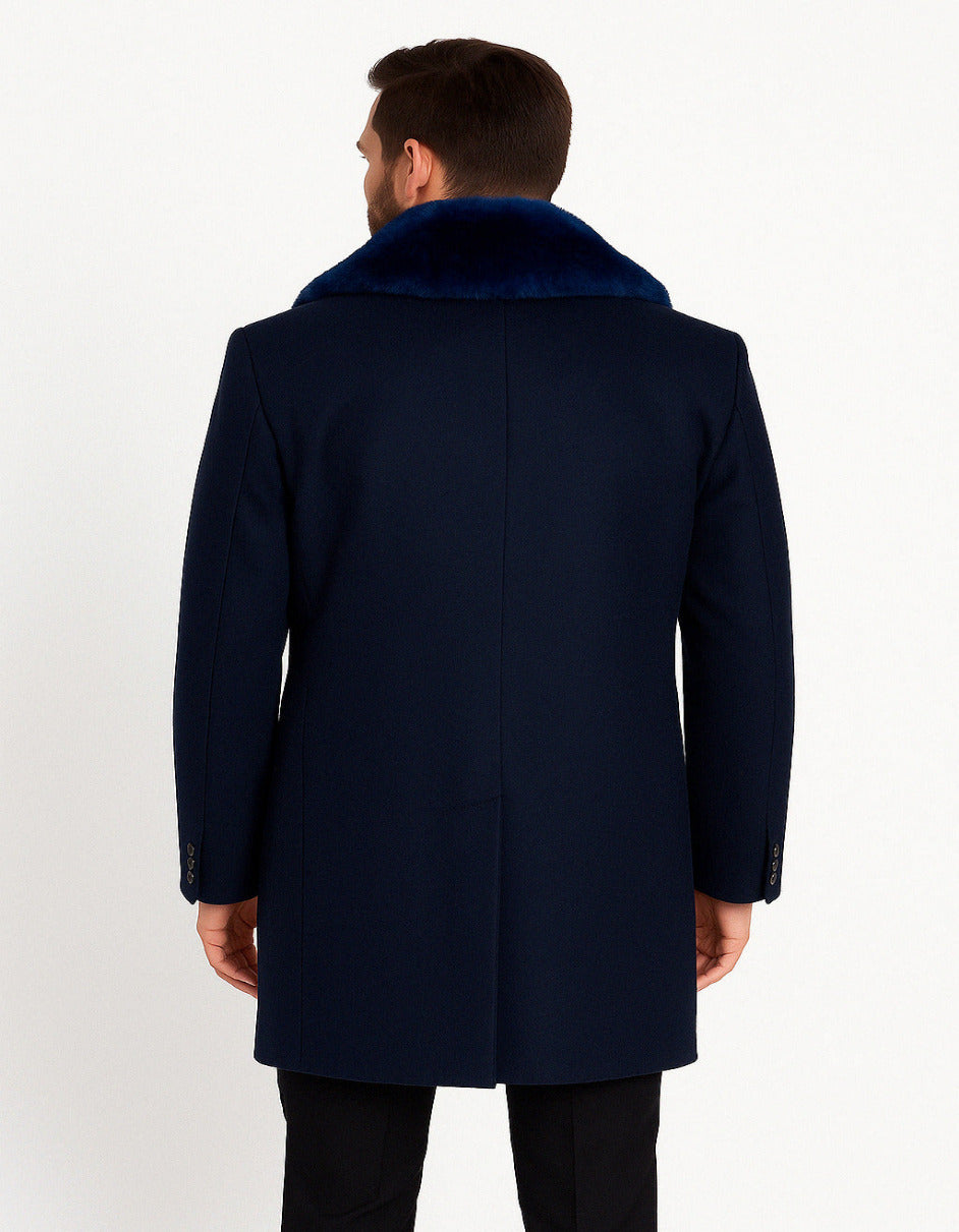 Mens Navy Wool Overcoat with Royal Blue Faux Fur Shawl Collar Cashmere Carcoat - Coat Size 28