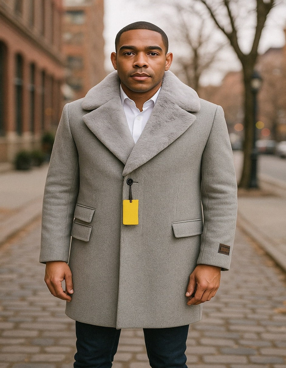 Men’s Grey Wool Overcoat with Plush Faux Fur Shawl Collar – Winter Luxury Coat - Coat Size 38