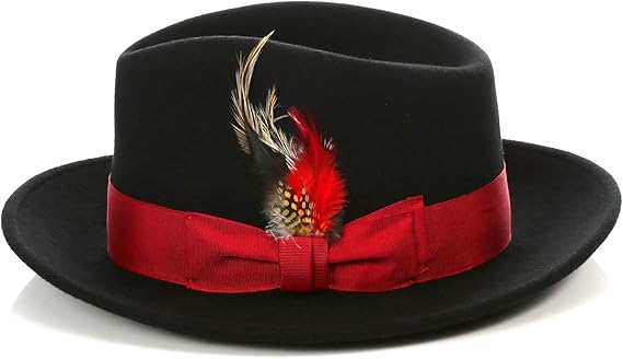 Gangster 100% Austrailian Wool  Mens Fedora Hat - Removable Feather Gangster Black/Red Mens Fedora Hat - Small