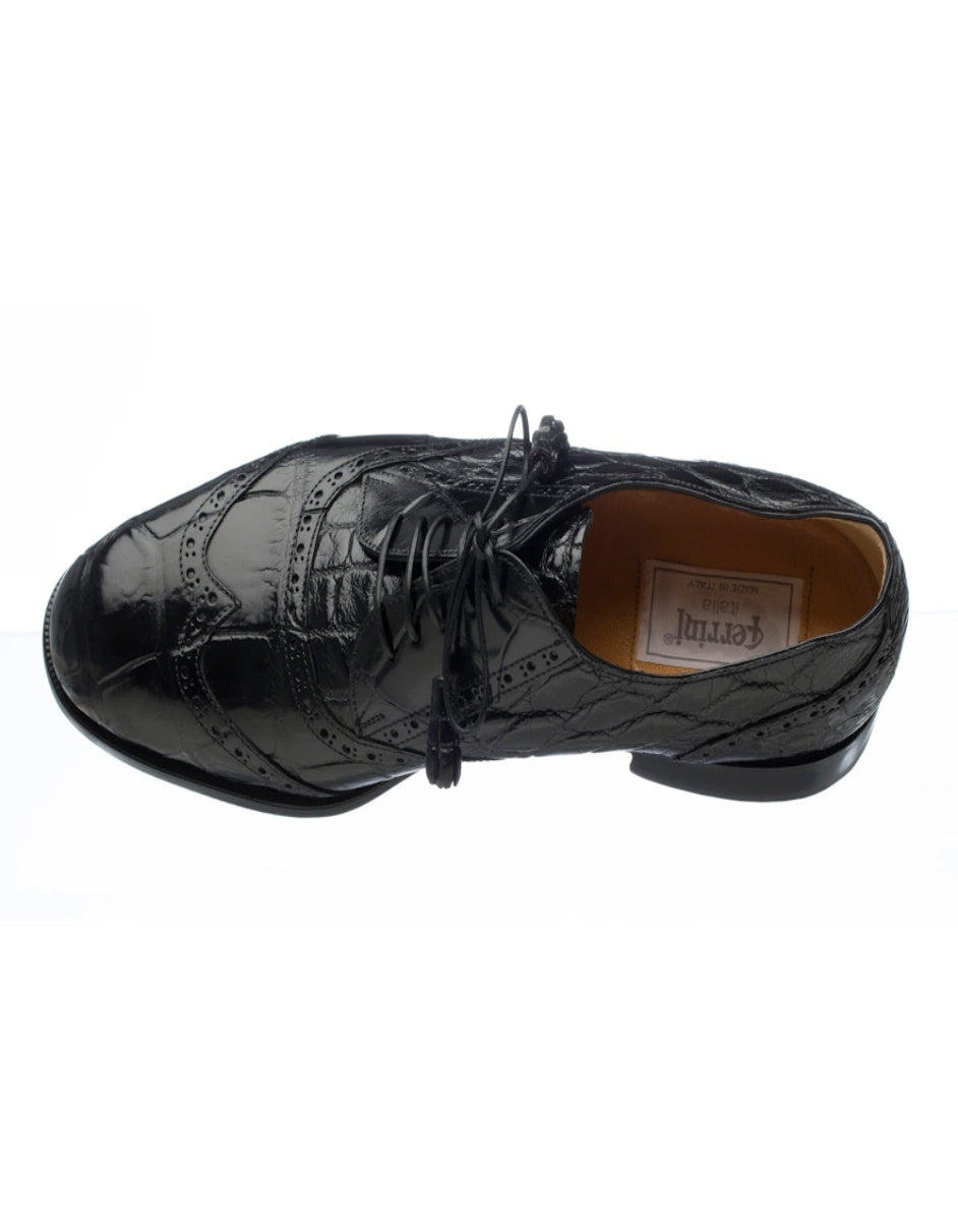 Ferrini Shoes - Mens Alligator Dress Shoe - Ferrini 3673 Belly Alligator Wingtip Shoes Black - 6M